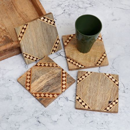Modern Brown Wooden Tea Coasters - Pack of 4